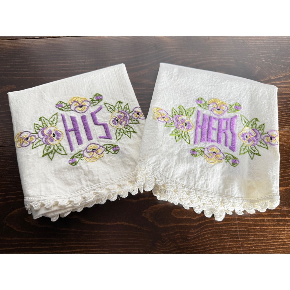 Vintage His and Hers Pillowcase Set Embroidered Floral Pansy Crochet‎ Trim White - Picture 9 of 9